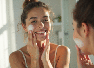 Femme souriante appliquant une creme hydratante visage