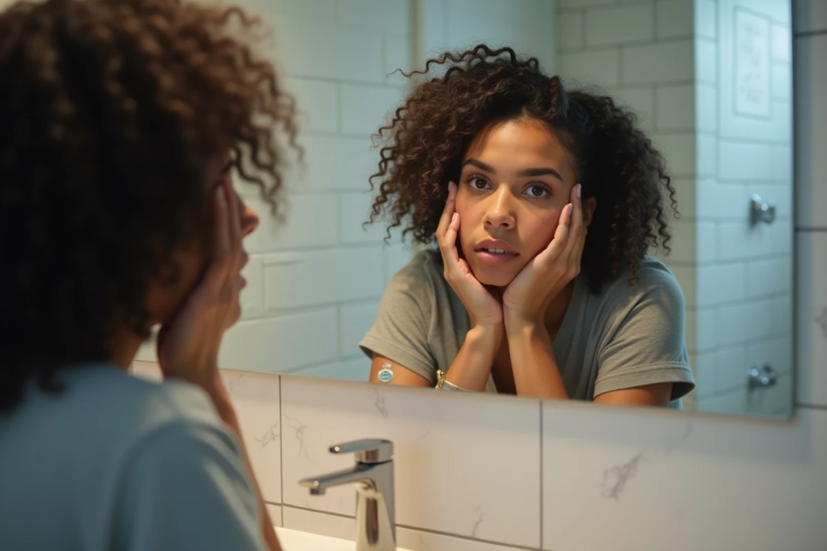 Jeune femme inspectant son piercing au nez devant un miroir de salle de bain avec une expression préoccupée