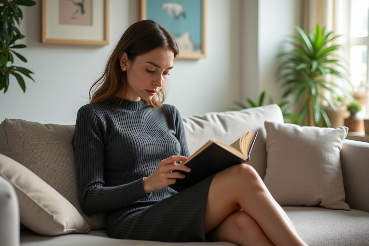 Jeune femme lisant dans un salon moderne et lumineux