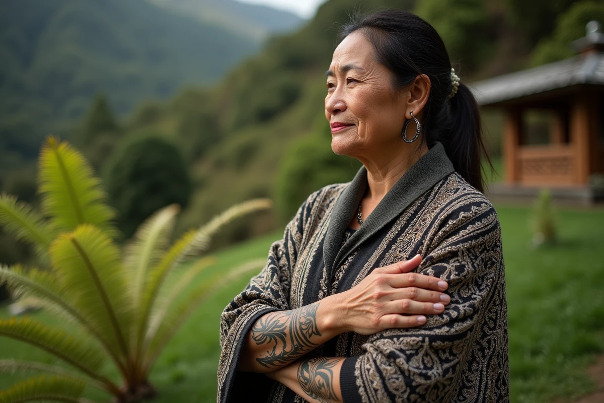 Femme Maori avec tatouage Tā moko en extérieur près d une colline verte