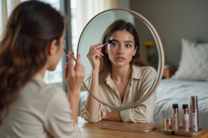Jeune femme appliquant du mascara dans sa chambre lumineuse