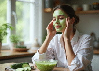Soin visage : Recette soin concombre, étapes faciles à réaliser Femme appliquant un masque de concombre sur le visage