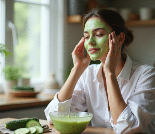 Soin visage : Recette soin concombre, étapes faciles à réaliser Femme appliquant un masque de concombre sur le visage