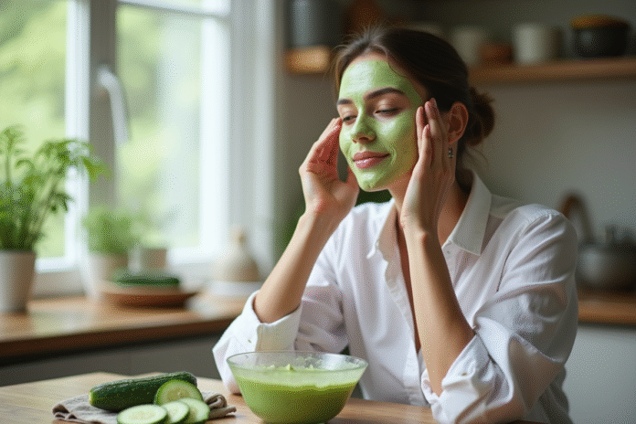 femme-masque-concombre-visage Femme appliquant un masque de concombre sur le visage