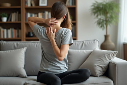 Femme se massant le cou dans un salon cosy