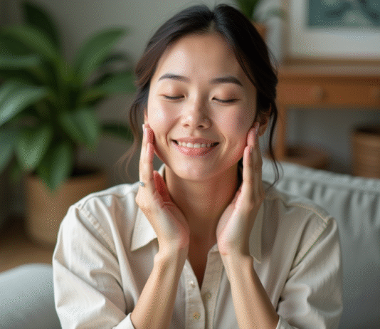 Remonter le bas des joues : astuces efficaces et naturelles pour retrouver un visage tonique Femme de quarantaine se massant le visage avec douceur