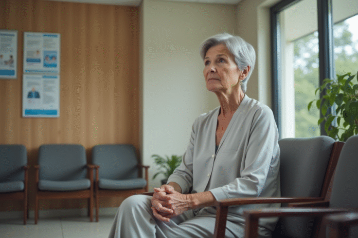 Femme mature assise dans une salle d'attente moderne