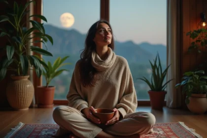 Femme méditative assise près d'une fenêtre avec lune