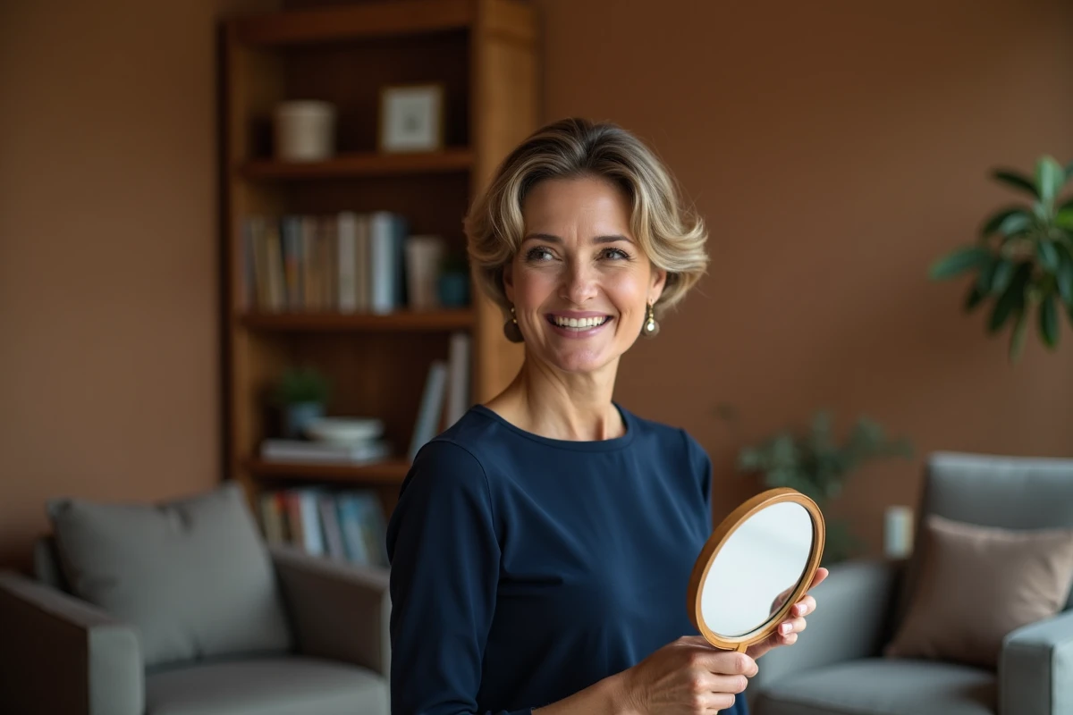 Femme aux cheveux courts et fins admirant sa mini vague terminée dans un miroir à main dans un salon cosy