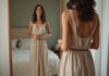 Conseils pour mettre une ceinture sur une robe en dissimulant un ventre : nos astuces Femme ajustant sa ceinture sur une robe fluide dans sa chambre