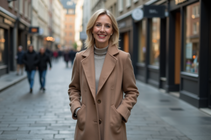 Femme élégante en manteau en ville pour l'article