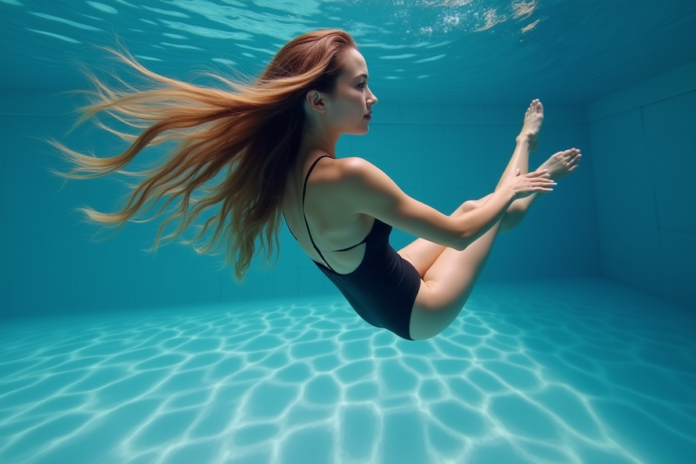 Femme nageant dans une piscine intérieure en maillot une pièce