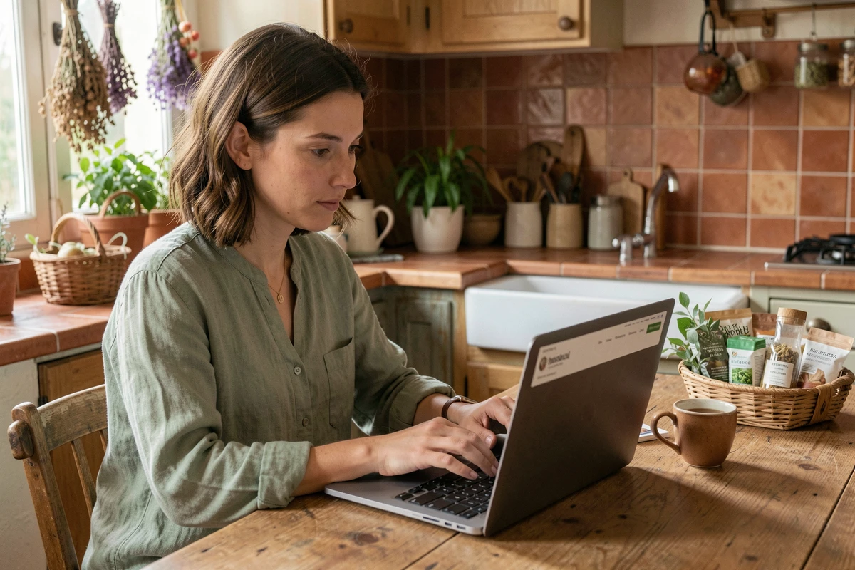 Femme consultant les offres Zaturelle en ligne sur un ordinateur portable dans une cuisine naturelle et chaleureuse