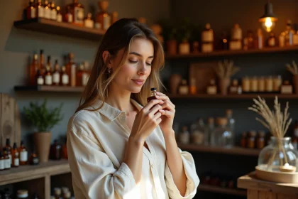 Femme tenant un flacon de parfum artisanal dans une boutique authentique aux étagères en bois