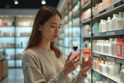 Femme examinant deux parfums en pharmacie moderne