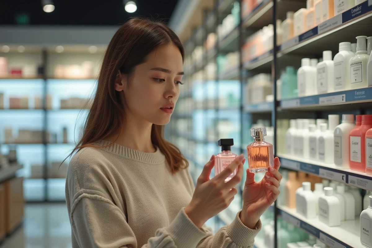 Femme examinant deux parfums en pharmacie moderne