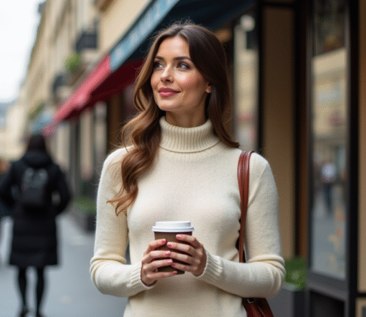 Tendance 2025 : robes pull à la mode, faut-il les adopter ? Femme élégante en robe en maille crème dans Paris