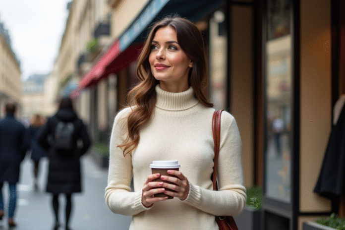 Femme élégante en robe en maille crème dans Paris