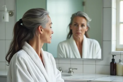 Femme de 48 ans examinant ses racines grises naturelles devant un miroir de salle de bain, transition cheveux gris en douceur