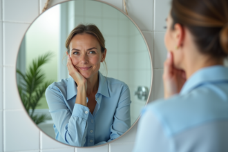 Femme de 50 ans regardant son reflet dans un miroir moderne