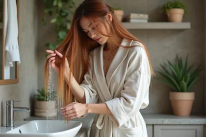 Femme rinçant ses cheveux cuivrés dans un lavabo blanc