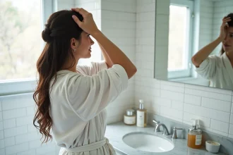 Femme examinant la longueur de ses cheveux bruns dans une salle de bain avec des produits capillaires adaptés