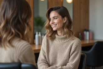 Femme souriante dans un salon de coiffure moderne avec cheveux en couches