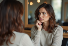 Les erreurs à éviter avec une coupe de cheveux pour femme mi-longue Femme dans un salon regardant ses cheveux inégaux