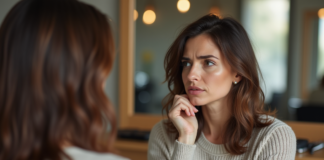 Les erreurs à éviter avec une coupe de cheveux pour femme mi-longue Femme dans un salon regardant ses cheveux inégaux