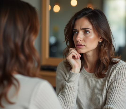 Les erreurs à éviter avec une coupe de cheveux pour femme mi-longue Femme dans un salon regardant ses cheveux inégaux