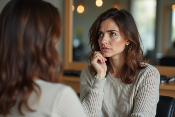 femme-salon-coiffure Femme dans un salon regardant ses cheveux inégaux