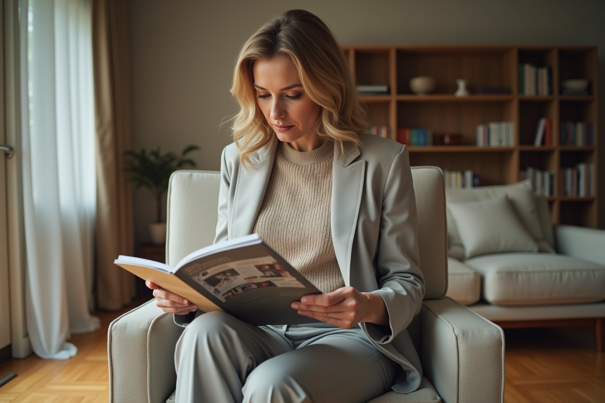 Femme assise dans un salon moderne en train de s
