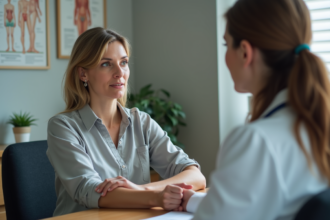 Femme regardant son cicatrice lors d'une consultation médicale