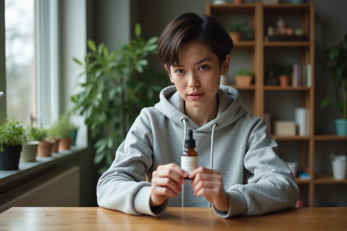 Jeune femme examinant un serum pour barbe dans appartement