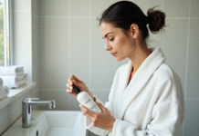 Shampoing détox : utilisation quotidienne recommandée ou déconseillée ? Femme examinant une bouteille de shampoing detox dans la salle de bain