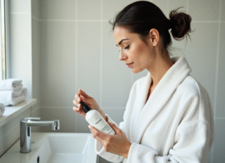 Shampoing détox : utilisation quotidienne recommandée ou déconseillée ? Femme examinant une bouteille de shampoing detox dans la salle de bain