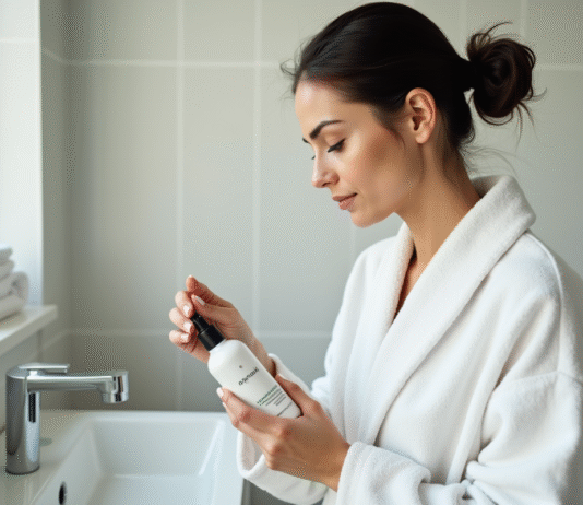 Shampoing détox : utilisation quotidienne recommandée ou déconseillée ? Femme examinant une bouteille de shampoing detox dans la salle de bain