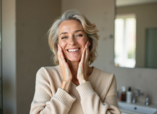 Rajeunir visage sans chirurgie : astuces volume naturel Femme souriante en soin visage dans une salle de bain