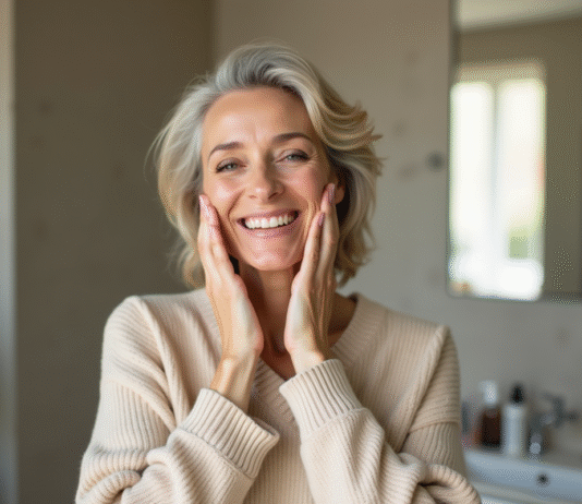 Rajeunir visage sans chirurgie : astuces volume naturel Femme souriante en soin visage dans une salle de bain