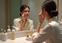 Femme élégante appliquant une crème visage dans une salle de bain moderne