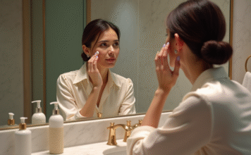 Produit de soin de la peau le plus cher : dans quelle mesure son prix impacte sa qualité ? Femme élégante appliquant une crème visage dans une salle de bain moderne