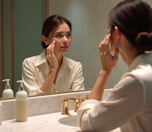 Produit de soin de la peau le plus cher : dans quelle mesure son prix impacte sa qualité ? Femme élégante appliquant une crème visage dans une salle de bain moderne