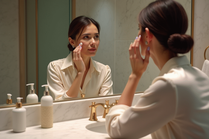 Femme élégante appliquant une crème visage dans une salle de bain moderne