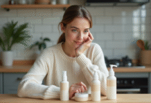 Paraben dans les produits L’Oréal : quid de la composition ? Femme examinant une crème cosmétique dans la cuisine