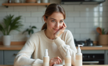 Paraben dans les produits L’Oréal : quid de la composition ? Femme examinant une crème cosmétique dans la cuisine