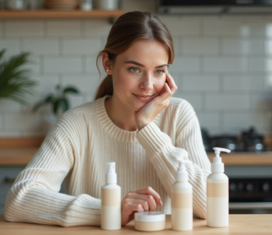 Paraben dans les produits L’Oréal : quid de la composition ? Femme examinant une crème cosmétique dans la cuisine
