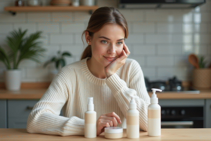 femme-soins-cosmetiques Femme examinant une crème cosmétique dans la cuisine