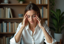 Stress : comment se manifeste-t-il sur le visage ? Conseils efficaces Femme stressée au bureau à domicile en blouse blanche