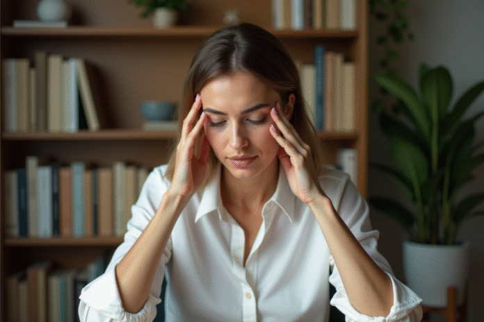 femme-stress-travail-domicile Femme stressée au bureau à domicile en blouse blanche