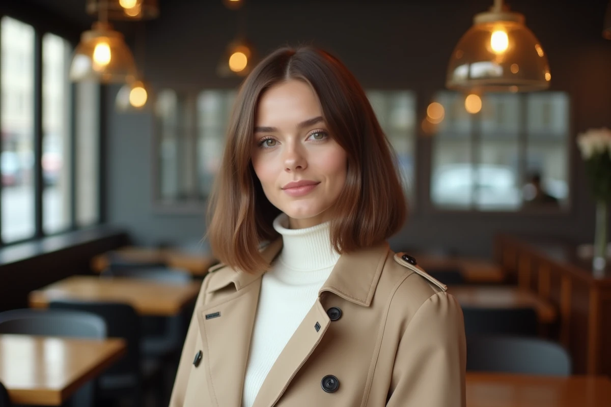 Femme élégante avec coupe casquette dans un café moderne